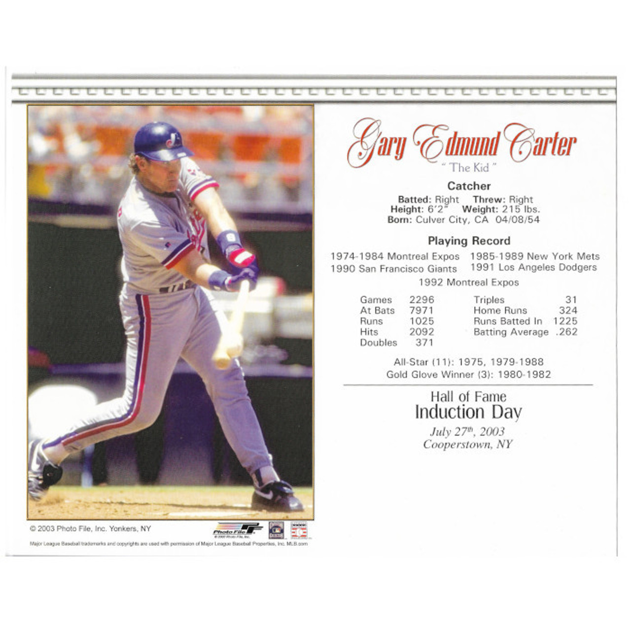 Gary Carter Montreal Expos 2003 Hall of Fame Induction 8x10 Photocard