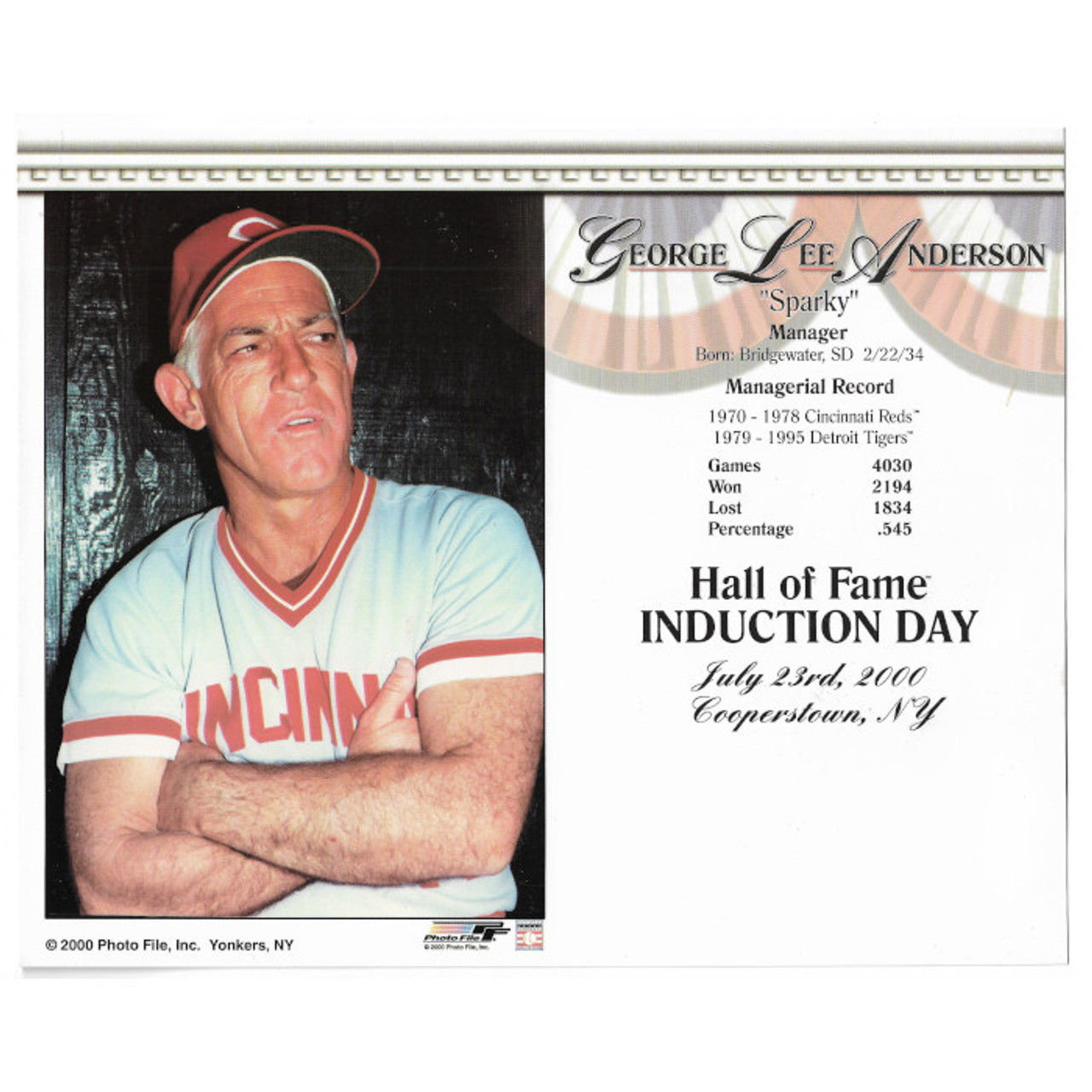 Sparky Anderson Cincinnati Reds 2000 Hall of Fame Induction 8x10 Photocard