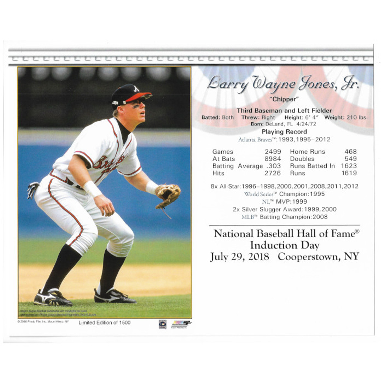 Chipper Jones Atlanta Braves 2018 Hall of Fame Induction 8x10 Photocard