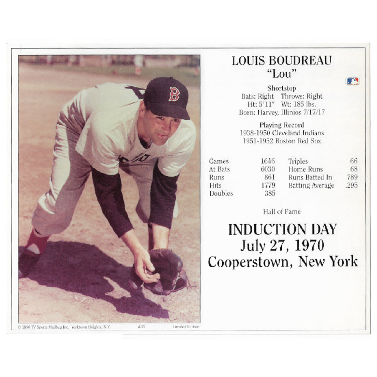 Lou Boudreau Boston Red Sox 1970 Hall of Fame Induction 8x10 Photocard
