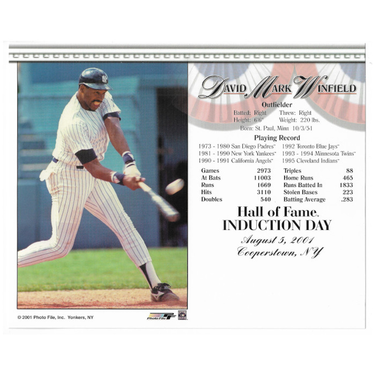 Dave Winfield New York Yankees 2001 Hall of Fame Induction 8x10 Photocard