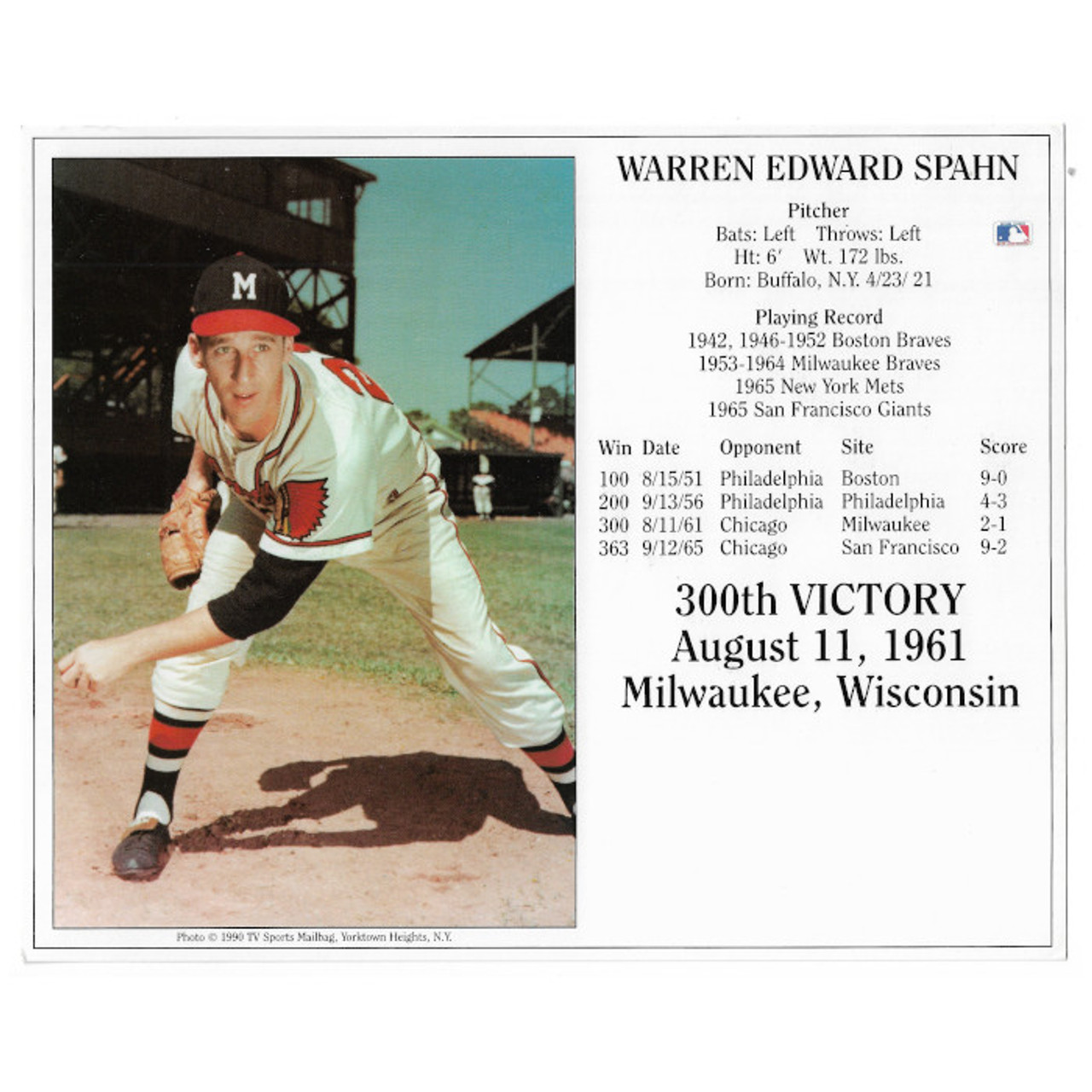 Warren Spahn Milwaukee Braves 300th Win 8x10 Photocard