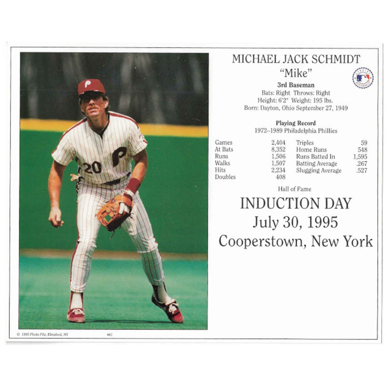 Mike Schmidt Philadelphia Phillies 1995 Hall of Fame Induction 8x10  Photocard (fielding)