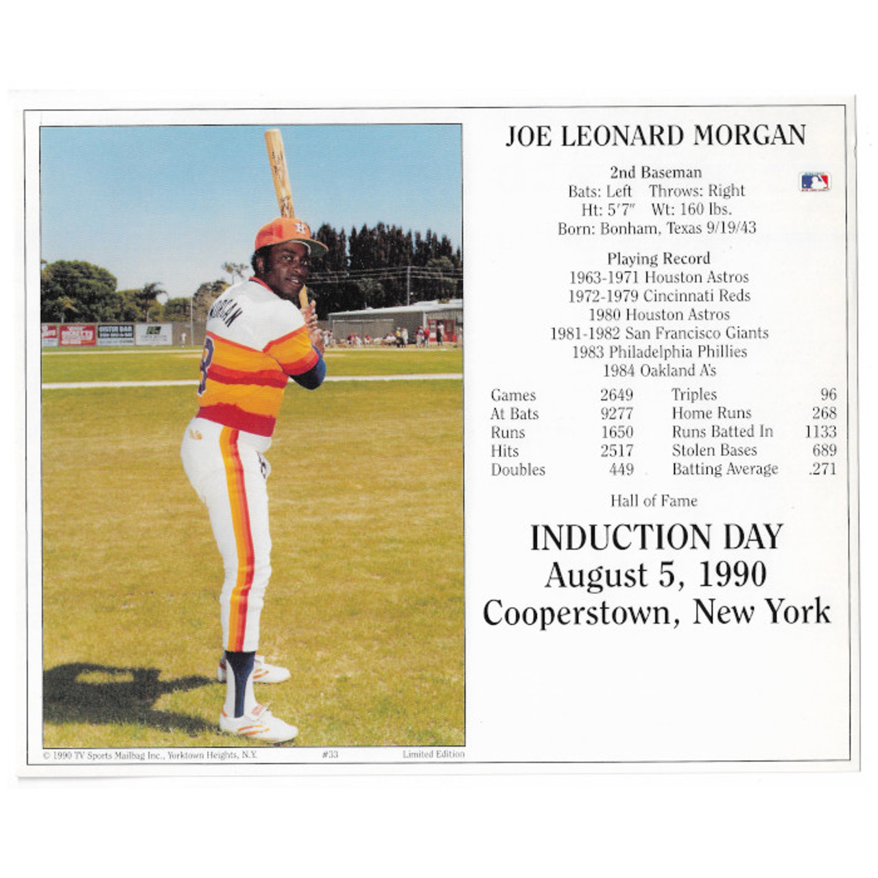 Joe Morgan Houston Astros 1990 Hall of Fame Induction 8x10 Photocard