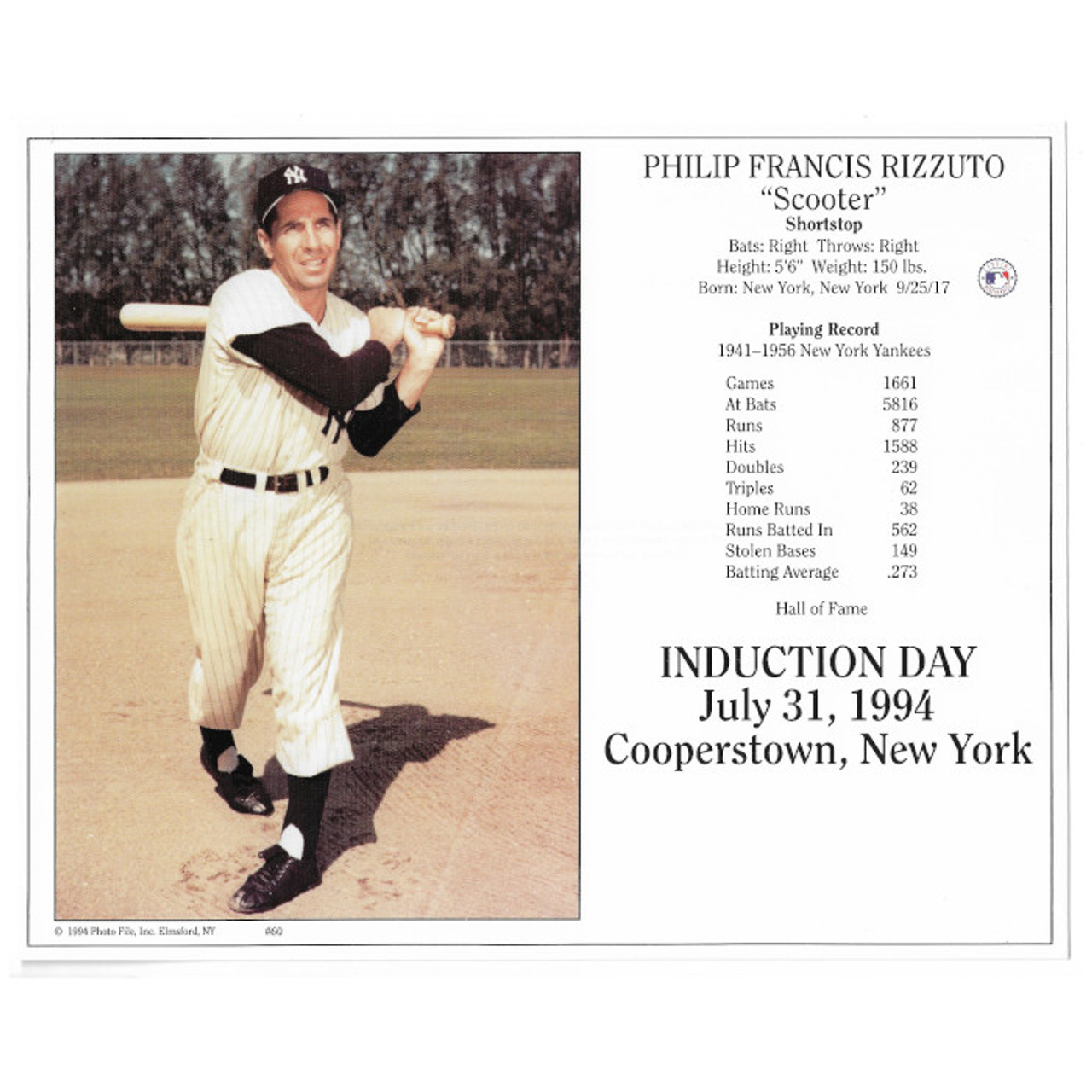 Phil Rizzuto New York Yankees 1994 Hall of Fame Induction 8x10 Photocard  (batting)