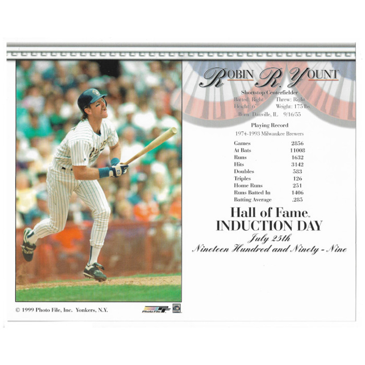 Robin Yount Milwaukee Brewers 1999 Hall of Fame Induction 8x10 Photocard