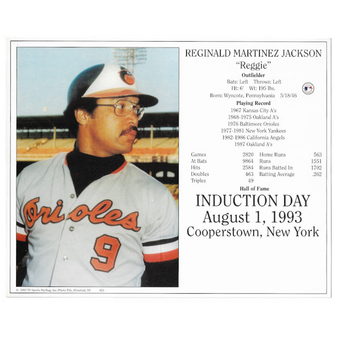 Reggie Jackson Baltimore Orioles 1993 Hall of Fame Induction 8x10 Photocard