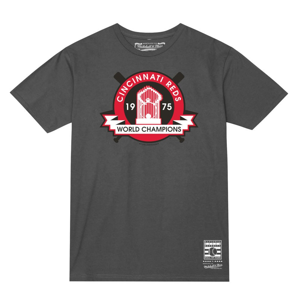 Men’s Mitchell Ness 1975 Cincinnati Reds World Champions Charcoal Grey T-Shirt
