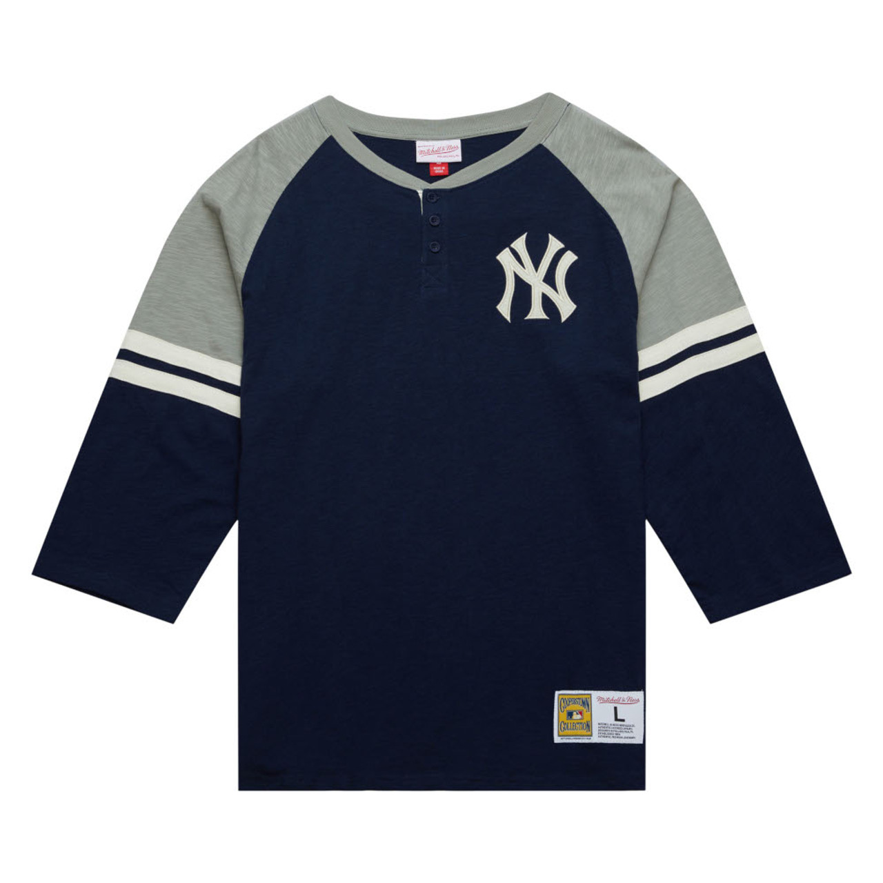 Men’s Mitchell u0026 Ness New York Yankees Cooperstown Collection Legendary  Navy and Grey 3/4 Sleeve Slub Henley