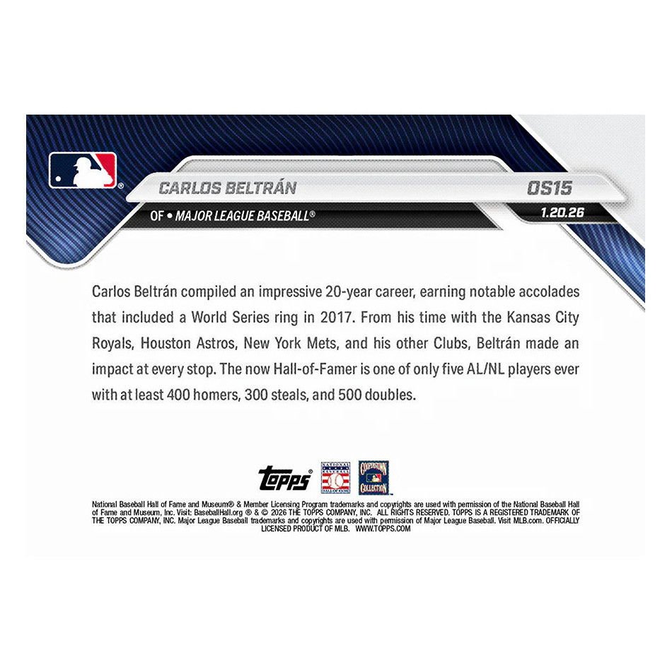 Carlos Beltrán Hall of Fame Election 2026 Topps Now Card # OS-15 