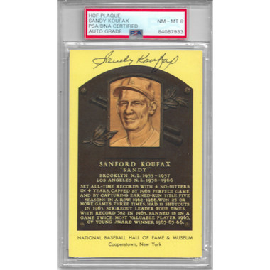 Sandy Koufax Autographed Hall of Fame Plaque Postcard (PSA-33)