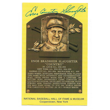 Enos Slaughter Autographed Hall of Fame Plaque Postcard (JSA-81)