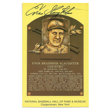 Enos Slaughter Autographed Hall of Fame Plaque Postcard (JSA-92)