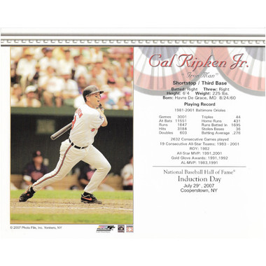 Cal Ripken Jr. Baltimore Orioles 2007 Hall of Fame Induction 8x10 Photocard - Batting