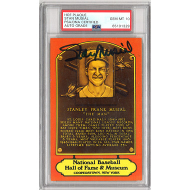 Stan Musial Autographed Hall of Fame Plaque Postcard (PSA-29)