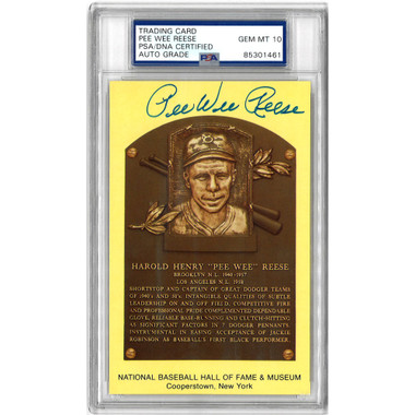 Pee Wee Reese Autographed Hall of Fame Plaque Postcard (PSA-61)