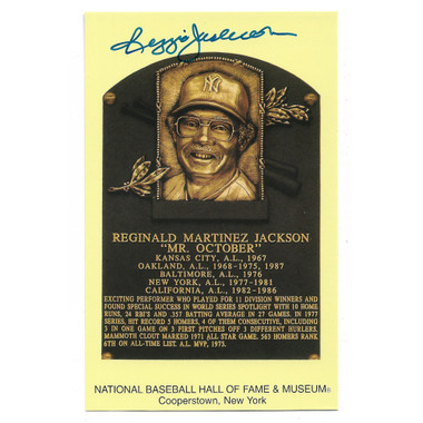 Reggie Jackson Autographed Hall of Fame Plaque Postcard (JSA-86)