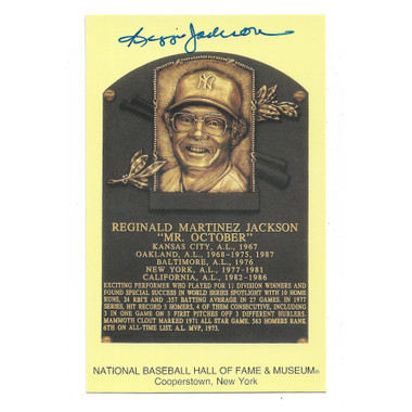 Reggie Jackson Autographed Hall of Fame Plaque Postcard (JSA-86)