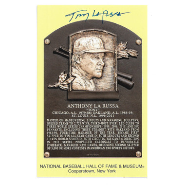 Tony La Russa  Autographed Hall of Fame Plaque Postcard (JSA)