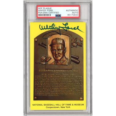 Whitey Ford Autographed Hall of Fame Plaque Postcard (PSA-33)