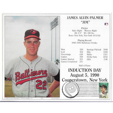 Jim Palmer Baltimore Orioles 1990 Hall of Fame Induction 8x10 Photocard with Induction Day Stamp Cancellation