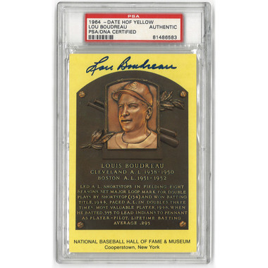 Lou Boudreau Autographed Hall of Fame Plaque Postcard (PSA-83)