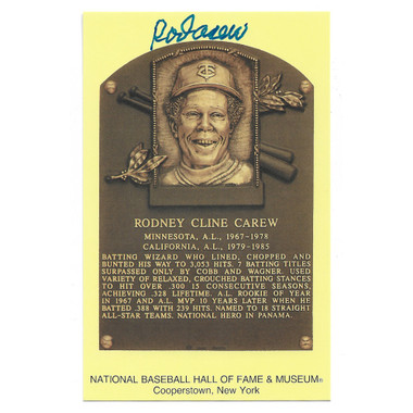 Rod Carew Autographed Hall of Fame Plaque Postcard (JSA)