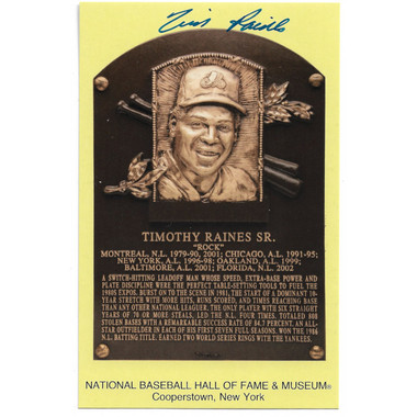 Tim Raines Autographed Hall of Fame Plaque Postcard (JSA)