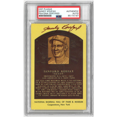Sandy Koufax Autographed Hall of Fame Plaque Postcard (PSA-97)