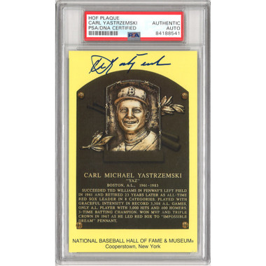 Carl Yastrzemski Autographed Hall of Fame Plaque Postcard (PSA-41)