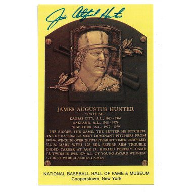 Catfish Hunter Autographed Hall of Fame Plaque Postcard (JSA-23)