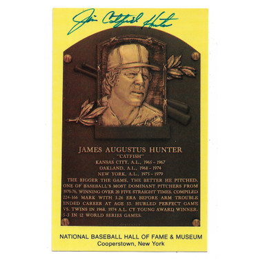 Catfish Hunter Autographed Hall of Fame Plaque Postcard (JSA-23)