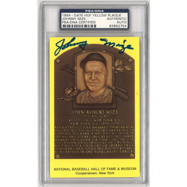 Johnny Mize Autographed Hall of Fame Plaque Postcard (PSA-54)