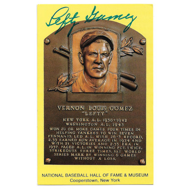 Lefty Gomez Autographed Hall of Fame Plaque Postcard (JSA-75)