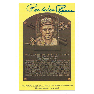 Pee Wee Reese Autographed Hall of Fame Plaque Postcard (JSA-02)