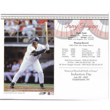 Tony Gwynn San Diego Padres 2007 Hall of Fame Induction 8x10 Photocard (white jersey)