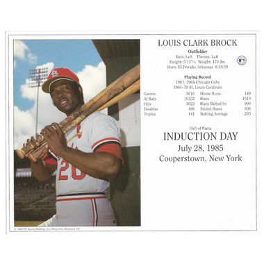 Lou Brock St. Louis Cardinals 1985 Hall of Fame Induction 8x10 Photocard