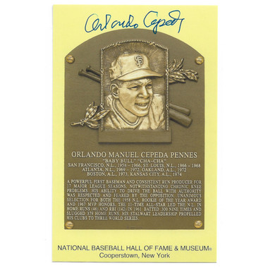 Orlando Cepeda Autographed Hall of Fame Plaque Postcard (JSA-43)