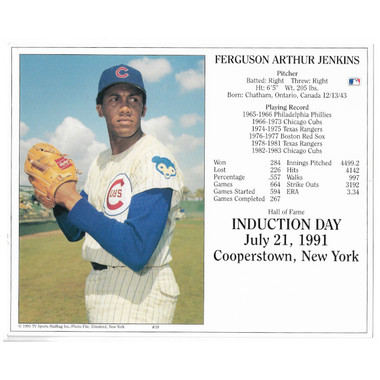Fergie Jenkins Chicago Cubs 1991 Hall of Fame Induction 8x10 Photocard