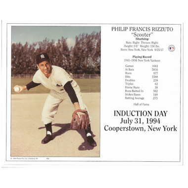 Phil Rizzuto New York Yankees 1994 Hall of Fame Induction 8x10 Photocard (fielding)