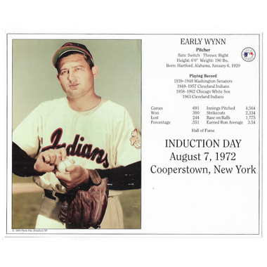 Early Wynn Cleveland Indians 1972 Hall of Fame Induction 8x10 Photocard