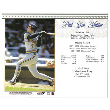 Paul Molitor Milwaukee Brewers 2004 Hall of Fame Induction 8x10 Photocard