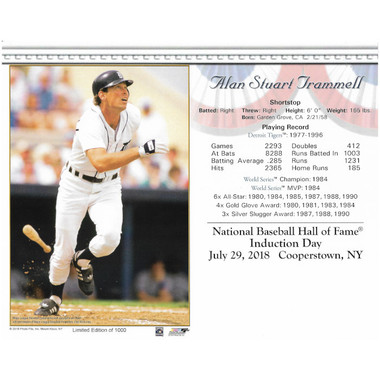 Alan Trammell Detroit Tigers 2018 Hall of Fame Induction 8x10 Photocard