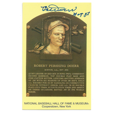 Bobby Doerr Autographed Hall of Fame Plaque Postcard with HOF 86 Inscription (JSA)