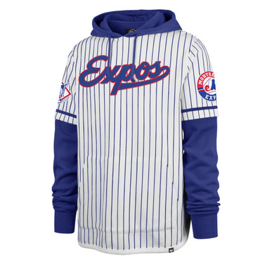 Men’s ’47 Montreal Expos Double Header Royal and Pinstripe Hooded Fleece Pullover