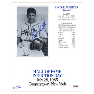 Enos Slaughter Autographed 1985 Hall of Fame Induction 8x10 Photocard (PSA)