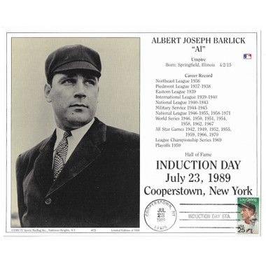 Al Barlick 1989 Hall of Fame Induction 8x10 Photocard with Induction Day Stamp Cancellation