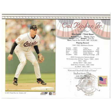 Cal Ripken Jr. 2007 Hall of Fame Induction 8x10 Photocard (fielding) with Induction Day Stamp Cancellation