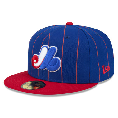 Men’s New Era Montreal Expos Throwback Pinstriped Royal and Red 59FIFTY Fitted Cap