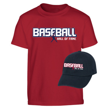 Youth Baseball Hall of Fame Batter Navy Adjustable Cap and Red T-Shirt Bundle